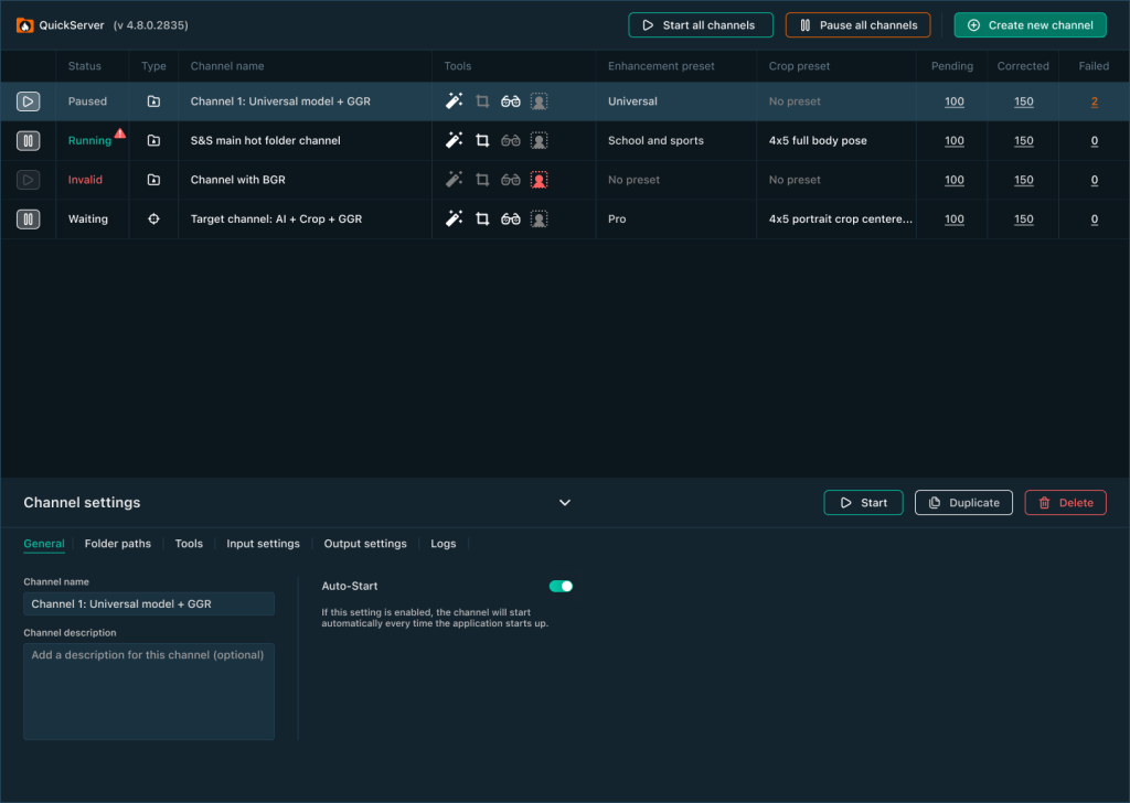 QuickServer user interface dashboard